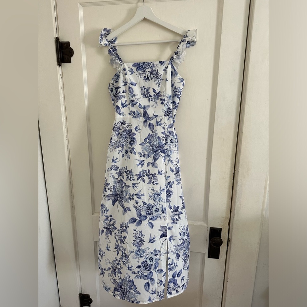 White Blue Floral MIDI Dress